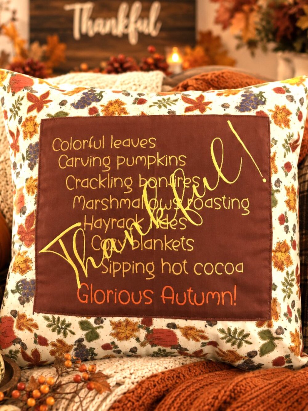 Fall Pillow Cover 18 x 18 Glorious Autumn Home Decor Thankful Decorative Sham